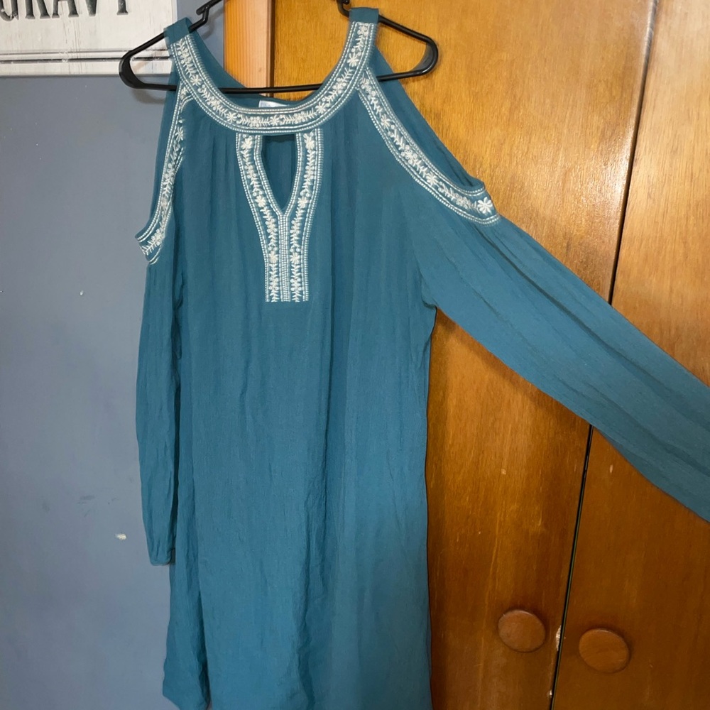 Teal Cold Shoulder Dress with Embroidered Trim